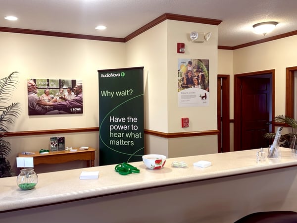 Interior photo of the reception desk of the AudioNova hearing clinic in Fort Wayne, IN