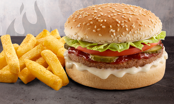 A Real Plant-Based Burger with Famous Hand-Cut chips from Steers® , against a purple and grey background.