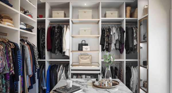 Img 9 -California Closets Westchester County New York Full Room Walk-in Closet Marbel Center Island Double Hanging Middle Vanity with Everstyle Gold Jewelry Drawers and Shelving