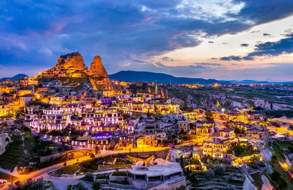 View of Uchisar at sunset. Cappadocia, Turkey
