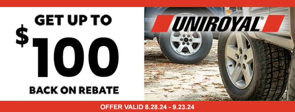 Get up to $100 back on rebate for all Uniroyal tires.