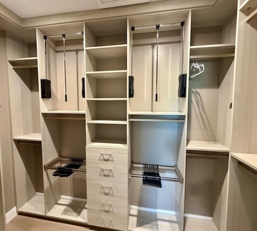 Custom walk in closet featuring built-in closet systems, adjustable shelving, pull-down hanging rods, drawers, and closet organization solutions designed to maximize storage and accessibility. Williamsburg, Michigan