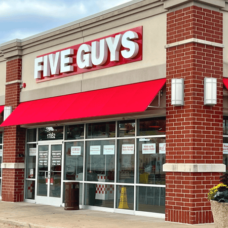 Entrance to the Five Guys Restaurant at 17852 Halsted St. in Homewood, Illinois.