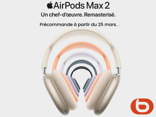 Visuel publicitaire Apple présentant les AirPods Max 2, casque audio premium décliné en plusieurs couleurs, avec annonce de précommande.