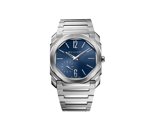 Octo Finissimo Automatic watch with mechanical manufacture movement, automatic winding, platinum microrotor, small seconds, extra-thin satin-polished stainless steel case and integrated bracelet, transparent case back and blue laquered dial with sunburst finishing. Water-resistant up to 100 metres.