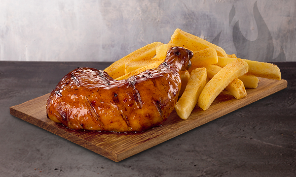 A Flame-Grilled ¼ chicken with a small portion of Famous Hand-Cut Chips from Steers® , against a purple and grey background.