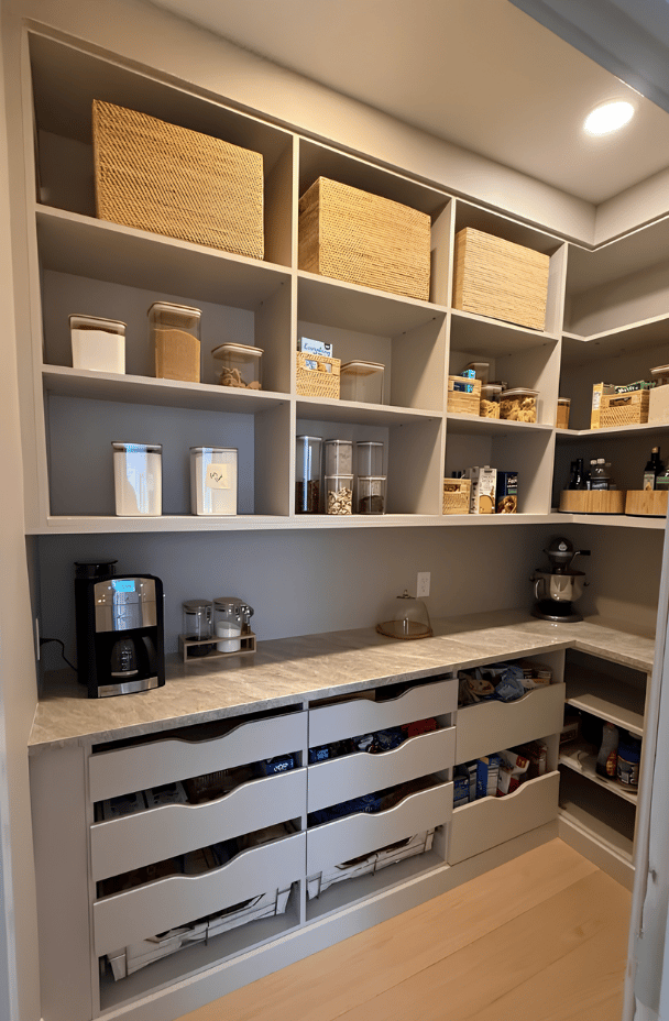 Walk-in pantry with countertop, drawers and shelving