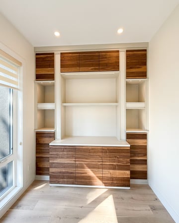 Floor to ceiling storage in a white finish with deep textured door fronts in a reddish brown colour.