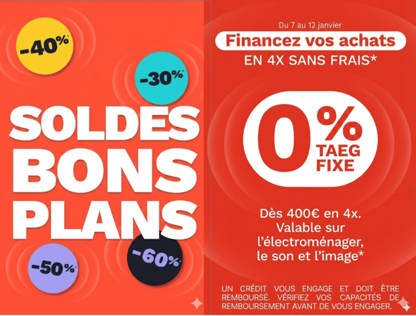 Catalogue des SOLDES d'hivers à découvrir ce Mercredi 7 janvier ! Profitez d'un 4X sans frais exceptionnel et de la livraison & mise en service OFFERTES dès 399€ en Gros Electro et en TV