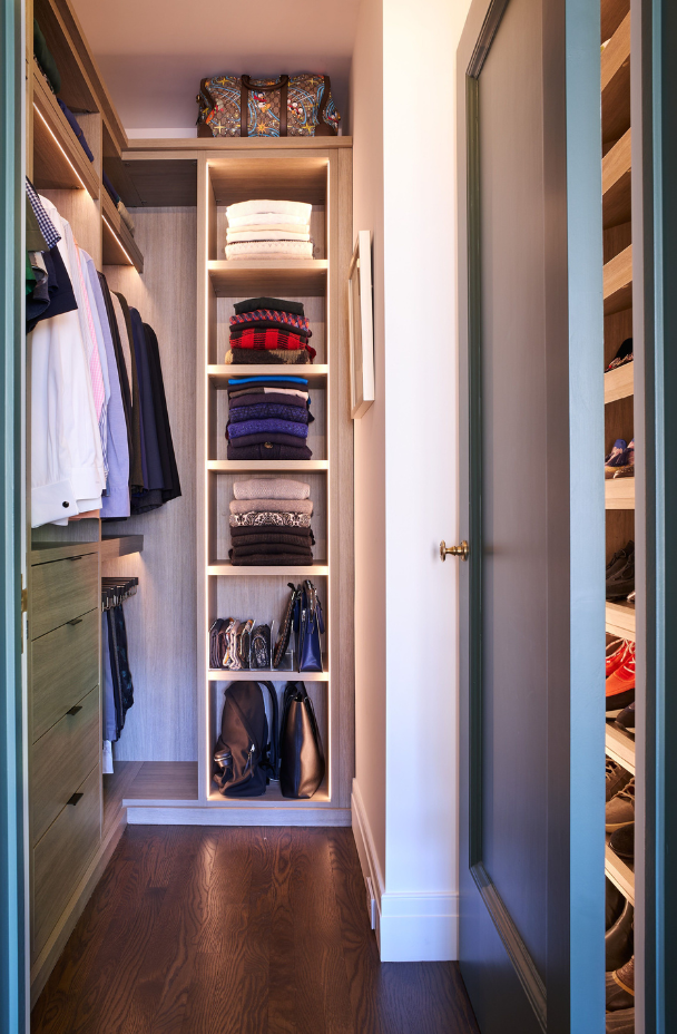 Img 8 - California Closets Manhattan New York Small Natual Wood Walk-in Closet with LED lighting, cubby-like shelving, drawers and hanging storage