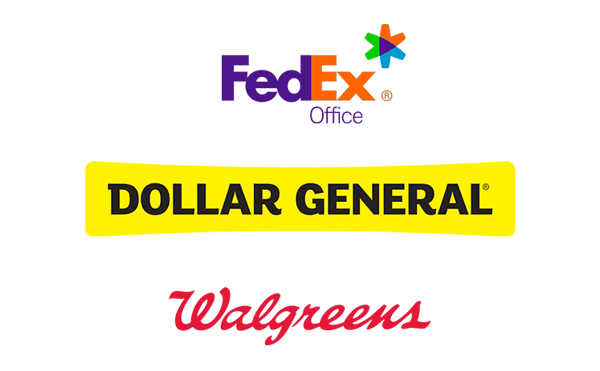 FedEx Office, Dollar General and Walgreens logos
