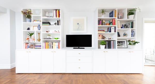 Built-in cabinets and shelving with media center for living room storage solutions and home organization