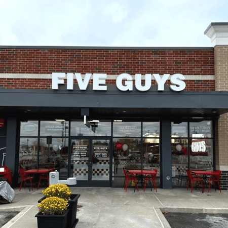 Entrance to the Five Guys restaurant at 9898 University Boulevard in Moon Township, Pennsylvania.