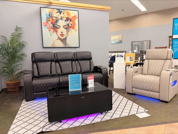 Discover ultimate comfort and luxury with reclining furniture at Slumberland Furniture Burlington, serving Burlington, IA, and surrounding areas. Whether you’re looking for a modern home theater seating solution or the perfect living room recliner, we’ve got you covered. Our black and beige power recliners offer advanced features like LED lighting, cup holders, and adjustable seating, perfect for movie nights or relaxing after a long day. Paired with a stylish black coffee table with built-in lighting, this set creates a contemporary and functional living space. Looking for affordable recliners in Southeast Iowa or high-end motion furniture that doesn’t break the bank? Slumberland Burlington offers no-interest financing, clearance deals up to 60% off, and expert advice to help you find the perfect recliner for your home. Explore our showroom for comfortable seating in a range of designs, from luxury recliners to home theater seating sets. Conveniently located near Fort Madison, Mount Pleasant, and Mediapolis, visit us today and find the best recliner furniture for your living room at unbeatable prices
