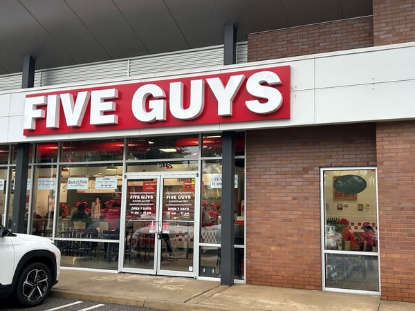 Exterior photograph of the Five Guys restaurant in Willow Grove, PA.