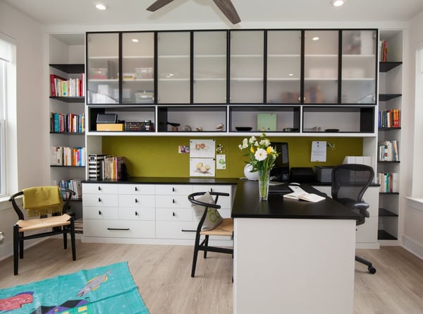 Business Office Storage System with Custom Desk and Fabric Board Backing in Millsboro, Delaware by California Closets of Philadelphia and Delaware