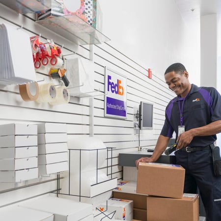 Wall of in-store packing and shipping supplies