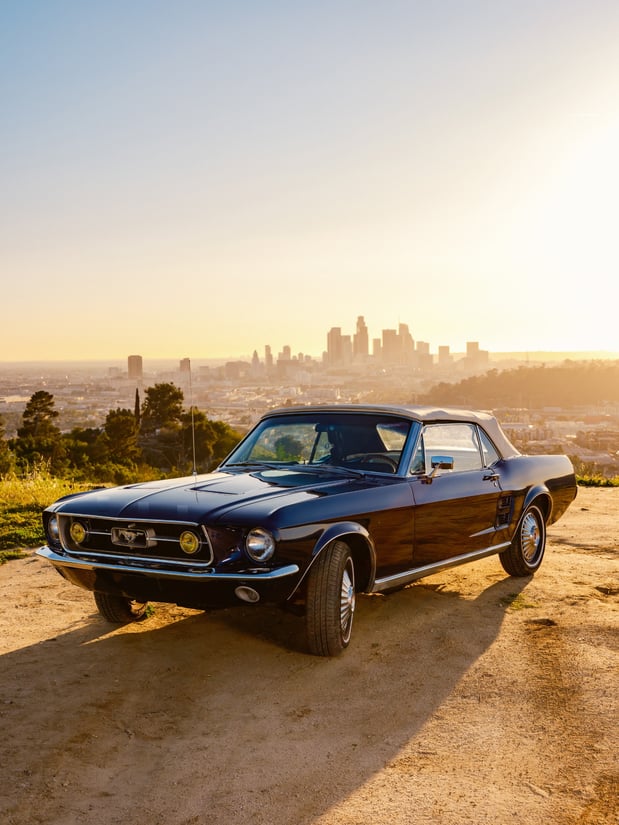 1967 Classic car, with Los Angeles skyline in the background, classic car.
