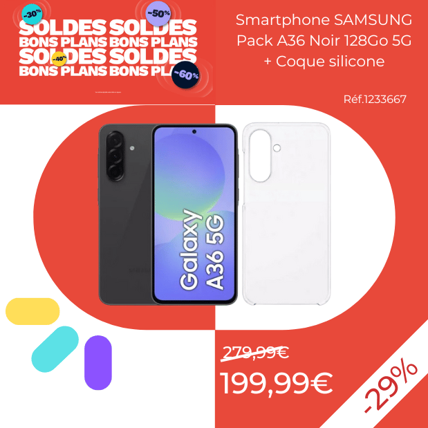 Smartphone SAMSUNG Pack A36 Noir 128Go 5G + Coque silicone
