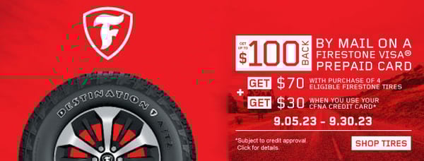 Now through September 30th at Pomp’s Tire Service, save up to $100 on a set of four eligible Firestone tires! Get $70 back by mail on a Firestone Visa prepaid card. Get an additional $30 back by mail when you use your Pomp’s credit card. Can be combined with $50 Instant Rebate on select Firestone Tires.

Offer Valid 9.5.23 - 9.30.23