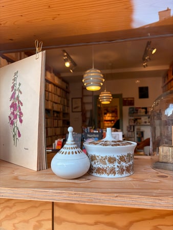 La première pièce de la librairie. Conçue par un architecte, avec ses lampes d'Alvar Aalto et ses étagères en bois sur mesure, elle est accueillante et chaleureuse. C'est la pièce "Littérature" avec romans, littérature de voyage, poésie, écopoétique.