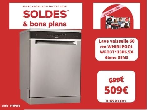 Retrouvez le Lave vaisselle 60 cm WHIRLPOOL WFO3T133P6.5X 6ème SENS dans votre magasin Boulanger Boulogne sur mer