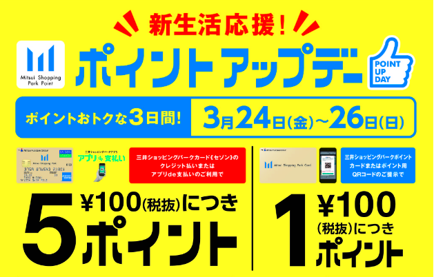 【３日間限定】新生活応援！
三井ショッピングパーク
ポイントアップデー開催！