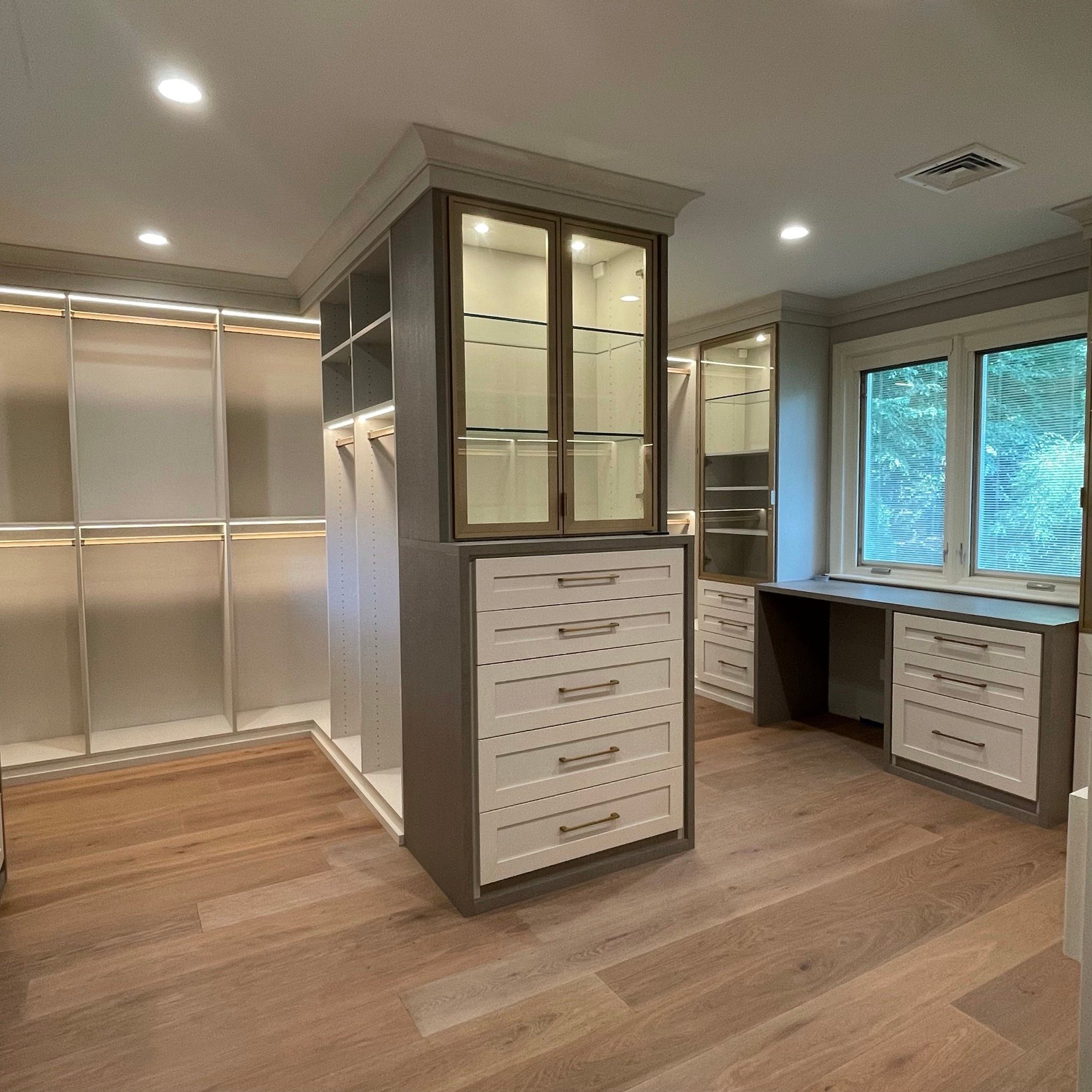 large walk-in closet with lighting, glass door cabinets and vanity under windows