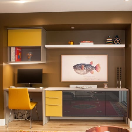 Home Office and Media Center with Floating Shelf, Accent Matte Doors and Drawers, and Custom Desk in Ocean View, Delaware by California Closets Philadelphia and Delaware