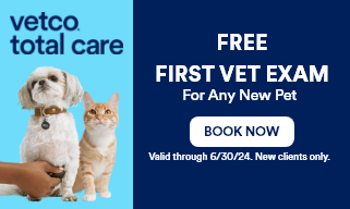 Free First Vet Exam for Any New Pet. Valid through 6/30/24. New clients only.