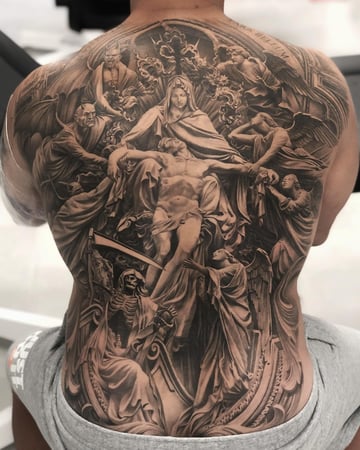Tattoo Realism Black and Grey - Religious Composition. - Full Back Project.