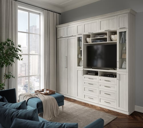 Custom wall bed and media center with built-in closets and storage solutions for efficient home organization