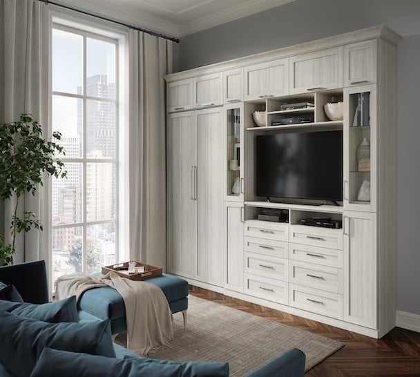 Custom wall bed and media center with built-in closets and storage solutions for efficient home organization
