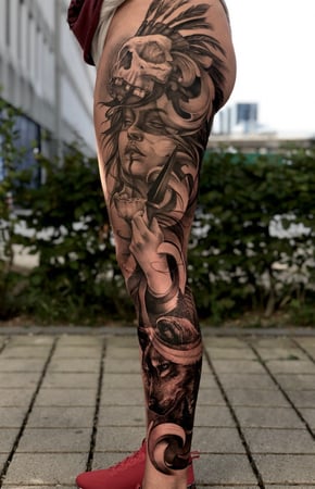 Tattoo Realism Black and Grey - Beauty Warrior Composition with Wolf and Nature. - Full leg Project.