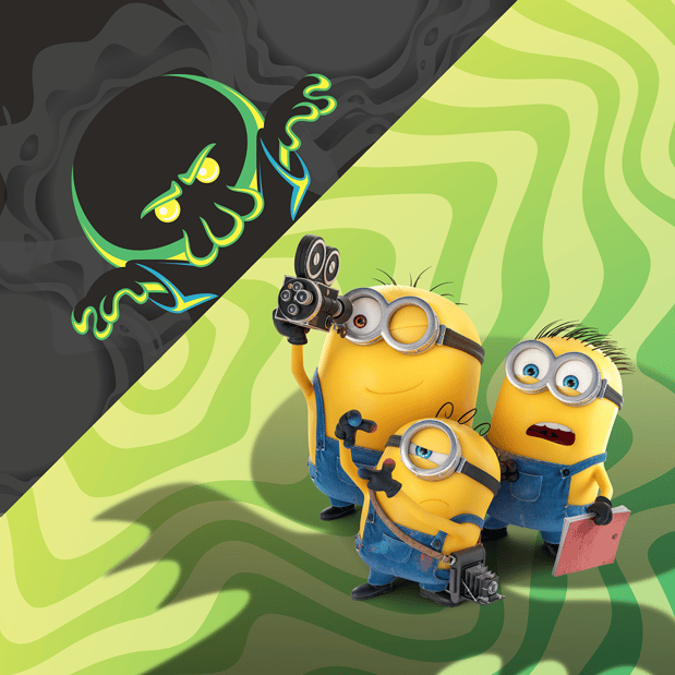 Three 3D Minions holding a film camera and book, staring up at a green glowing monster shadow.