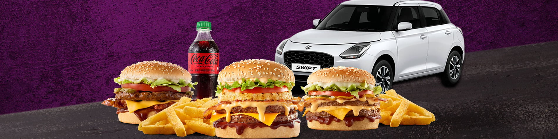 The Real hungry burgers with a 440ml Coke® and a Suzuki Swift on a purple background.