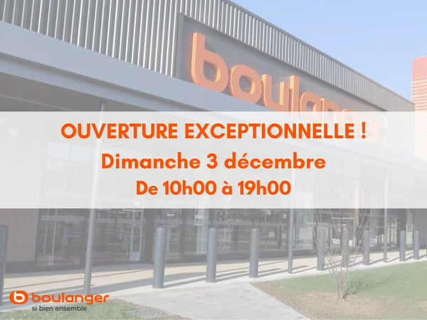 Pour fêter cette fin d'année ensemble, Boulanger Béthune sera ouvert le dimanche 3 décembre de 10h00 à 19h00 ! Pour l'occasion, venez découvrir toutes nos offres en magasin et profitez des bons plans pour faire vos cadeaux de noël ! ✨🤩🎄