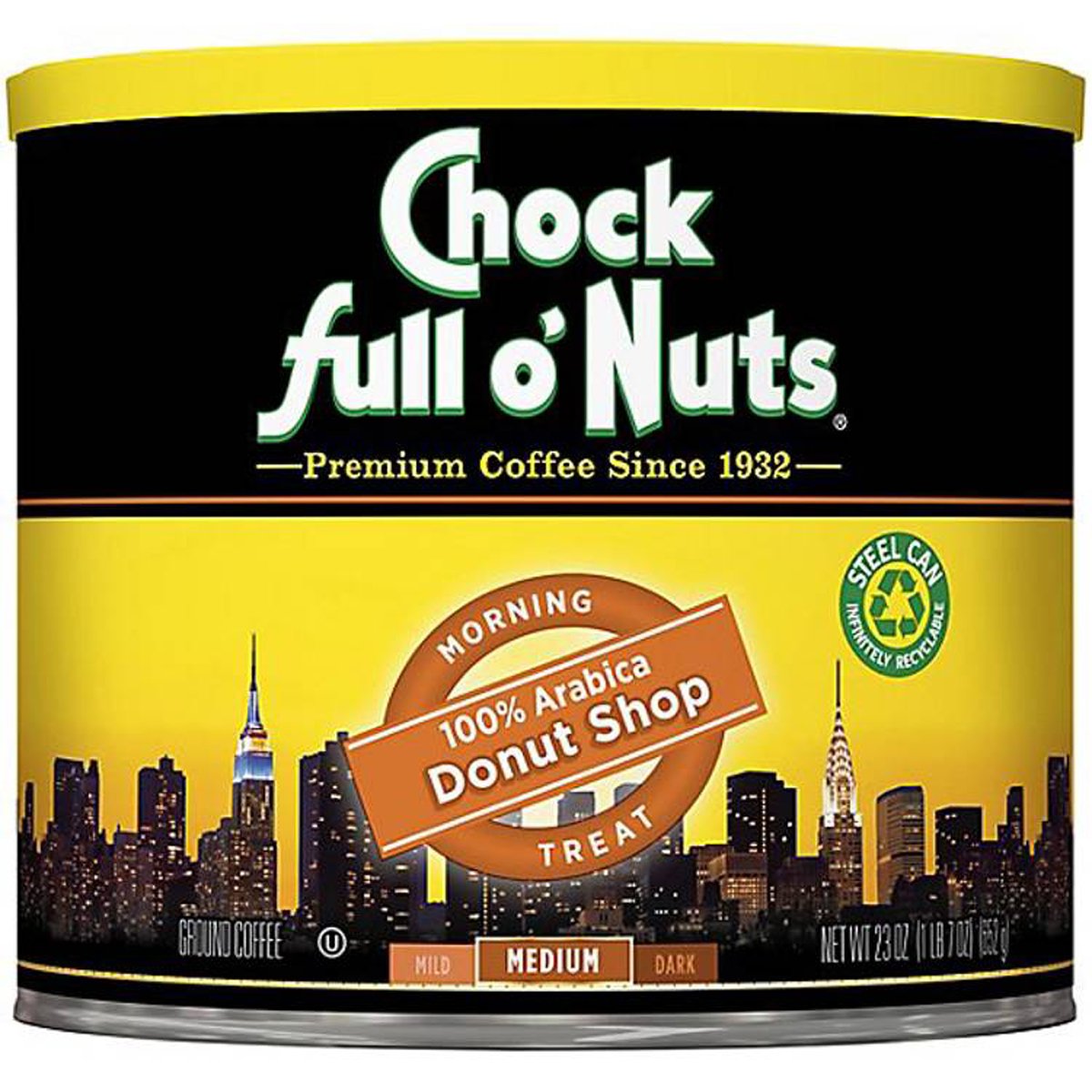 Chock full o Nuts Coffee Ground Medium Roast Morning Treat Donut Shop Tub, 23 oz