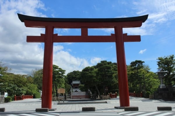 鳥居の鮮やかな赤と青空のコントラストにも注目　提供：鶴岡八幡宮