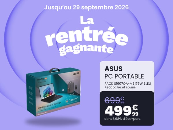 Pack ordinateur portable Asus, Asus Vivobook 16 pouces, PC portable etudiant pas cher, Copilot PC ordinateur portable, Laptop Asus avec accessoires, Promo ordinateur portable etudiant, Pack PC portable sacoche souris, Asus S1607QA, Bon plan ordinateur portable, La rentrée gagnante Boulanger