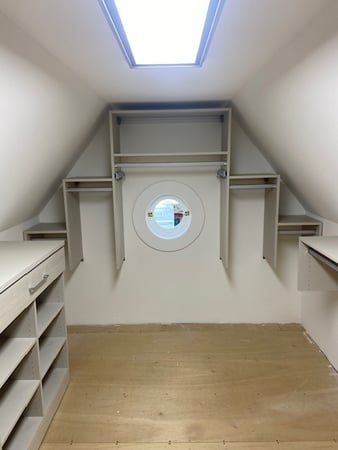 Slanted roof lines with a stair step shelving design