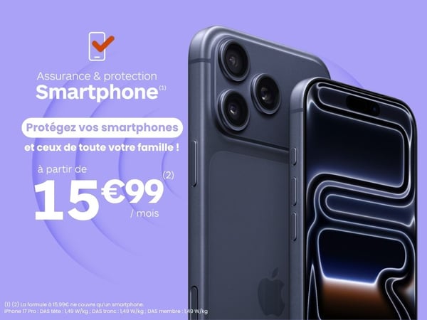Infinity Smartphone avec AppleCare Services inclus à partir de 15,99 € par mois, présenté avec un iPhone 17 Pro chez Boulanger Nîmes.