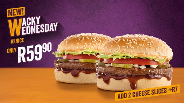 2 Wacky Wednesday burgers on a purple and orange background.