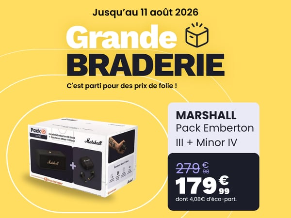 MARSHALL Pack Emberton III + Minor IV | Boulanger Toulouse - Colomiers | Enceinte Marshall | Grande Braderie | Écouteurs Marshall | Audio Toulouse | Enceinte Bluetooth | Écouteurs Sans Fil | Cadeau Musique | Univers Son Boulanger