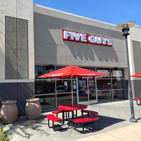 Exterior photograph of the Five Guys restaurant at 121 Curtner Avenue in San Jose, California.