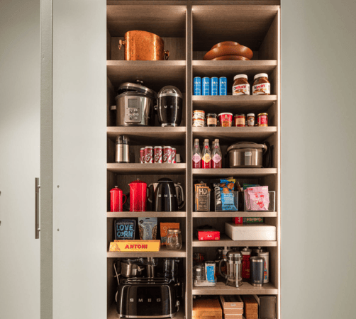reach-in pantry with partition LED lighting, open shelving for pantry items Brooklyn NY