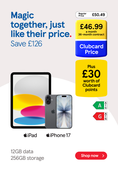 Save on iPhone deals with frozen Clubcard prices at Tesco Mobile, Shop now!