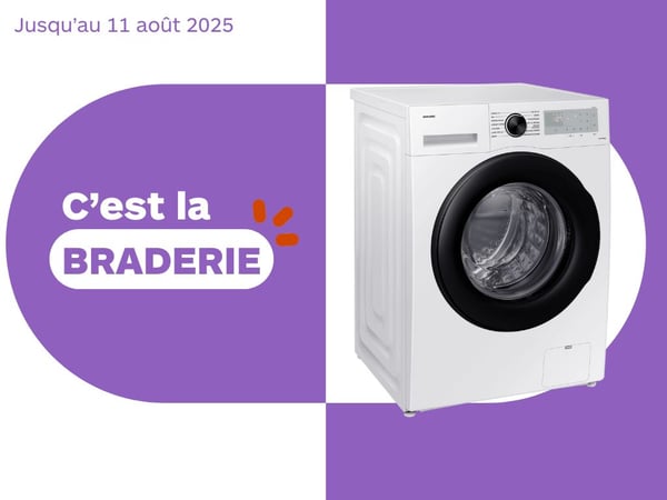 Machine à laver Samsung présentée pour la braderie d’été Boulanger Toulouse Fenouillet. Promotions jusqu’au 11 août 2025 sur les lave-linge avec livraison et installation offertes dès 399€.