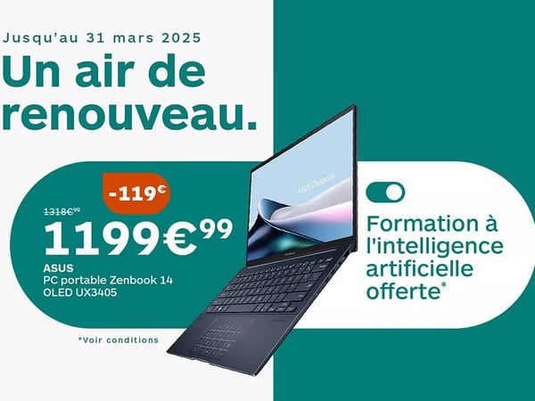 Profitez de l’I.A. avec ce pc portable Asus OLED ! Profitez de la reprise de votre ordinateur pour acquérir le portable Asus Oled Zenbook 14 à Boulanger Toulouse Colomiers