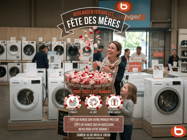 Affiche promotionnelle en magasin pour la Fête des Mères chez Boulanger Fenouillet. Une maman souriante participe à un tirage au sort devant un grand bac rempli de pétales de rose, accompagnée d’une petite fille. Le visuel annonce une “cueillette magique” avec plusieurs cadeaux à gagner, dont 10 % de remise sur un produit préféré ou 20 % de remise sur un accessoire.